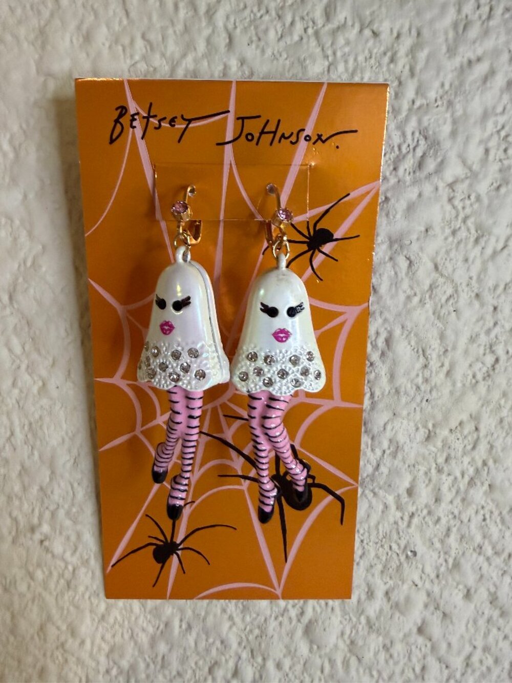 Betsey Johnson Halloween Ghost Rhinestone Pink Legs Drop Earrings NWT